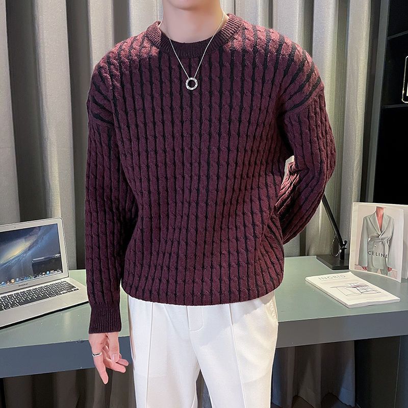 Ribbed Knit Sweater - 男性用の太い糸のセーター,織り底のシャツ,ニットシャツ,新しいスタイル,春と秋の服