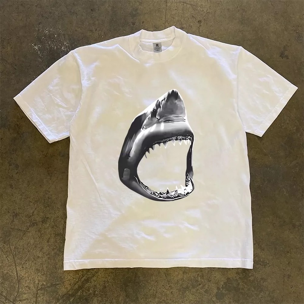 Women'S Young Fashion - グレートホワイトシャークTシャツ メンズ レディース 3Dグラフィックプリント コットン半袖トップス アメリカンレトロスタイル