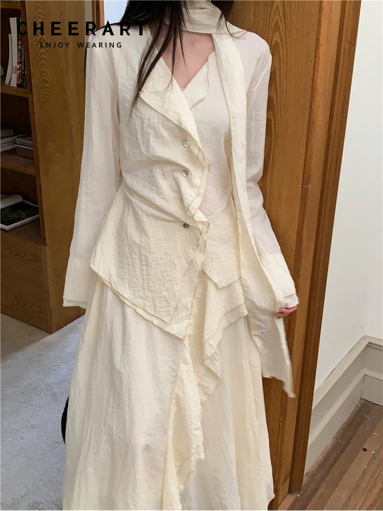 Women'S Fashion Designer Clothes - CHEERART デザイナーロングスリーブシャツ 女性用 ルーシュドベージュ ボタンアップシャツ ファッショントップ