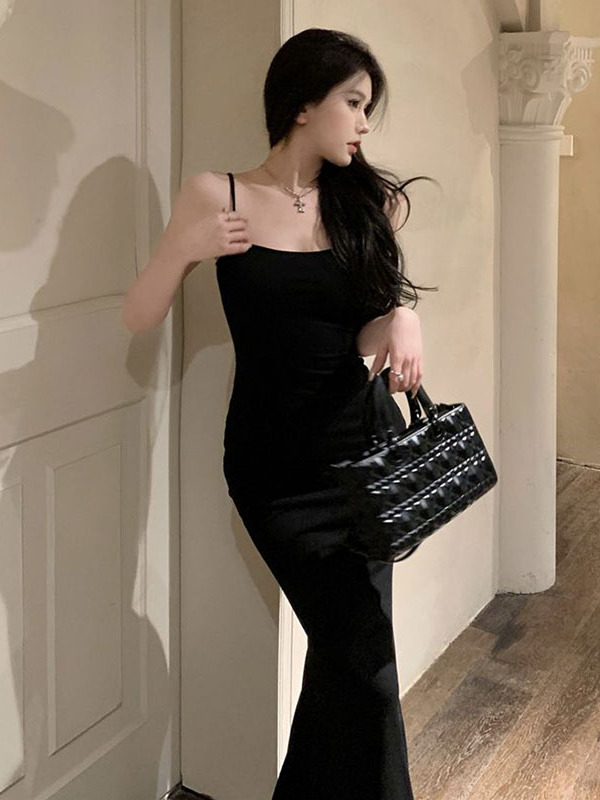 Women'S Young Fashion - スリムフィッシュテールロングドレス ハイウエスト 韓国風 通勤ファッション ノースリーブサマードレス 20代の若い女性向け