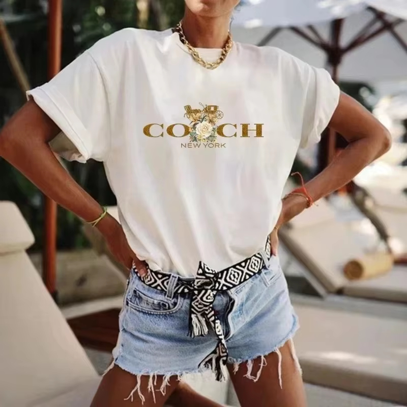 Women Fashion Brand Logo - アートクラシックキャリッジフラワーロゴプレミアムファッショントレンド高級ブランド Tシャツコットングラフィック Tシャツ男性女性夏ストリートウェア