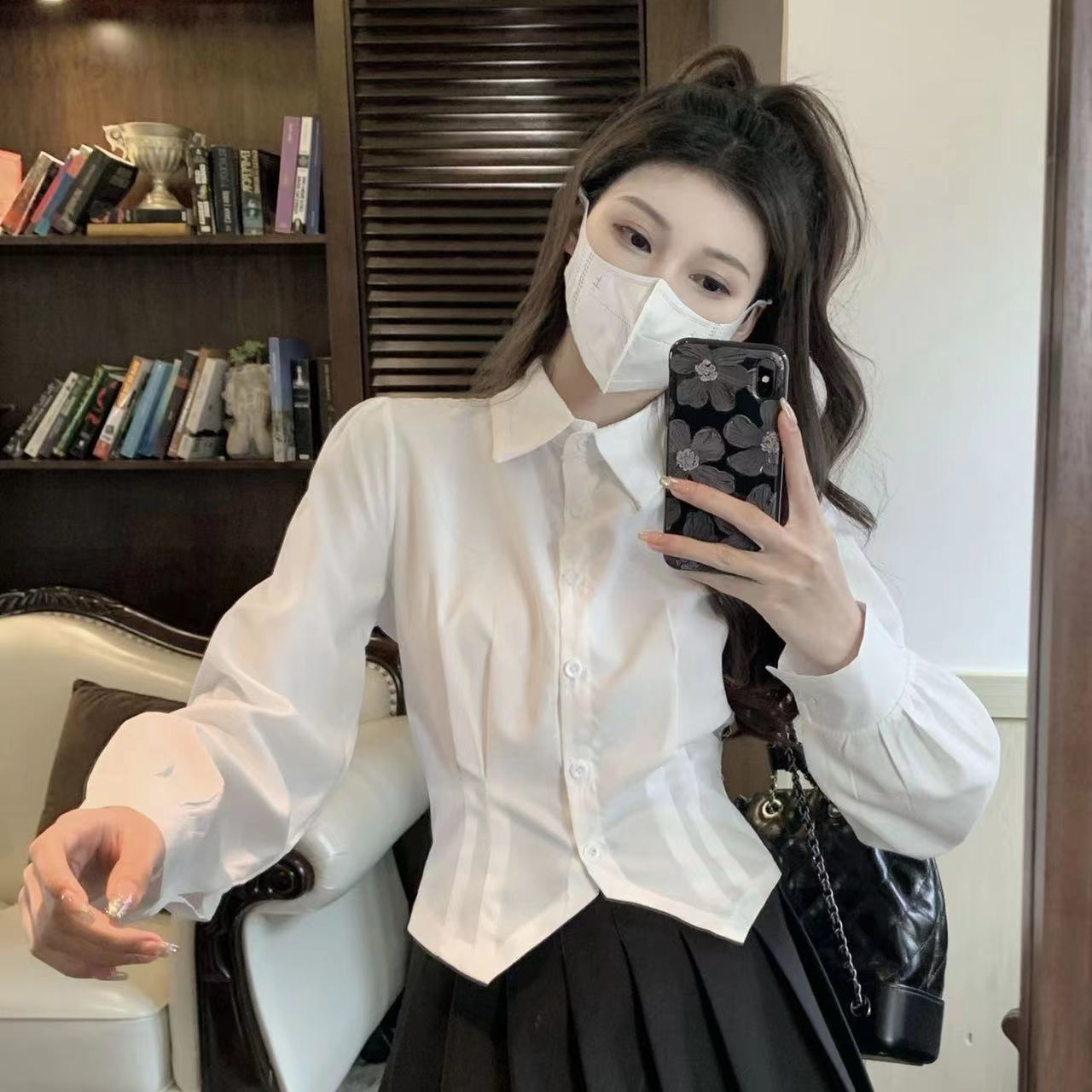 Wrap Blouse Chiffon - 2000 年代白長袖ヴィンテージシャツ女性スリムチュニックボタンアップベーシックブラウススクールポロネッククロップトップ女性