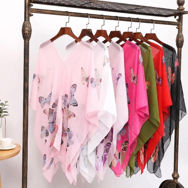 Wrap Blouse Chiffon - 女性日焼け止めショールサイクリング用レディースサマーシフォンTシャツホリデーフラワースカーフビキニブラウス通気性ビーチラップ