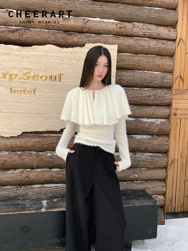 Women'S Fashion Designer Clothes - CHEERART デザイナーマント長袖ニットブラウス女性高級ベージュホワイトファッショントップ春 2026 レディース服