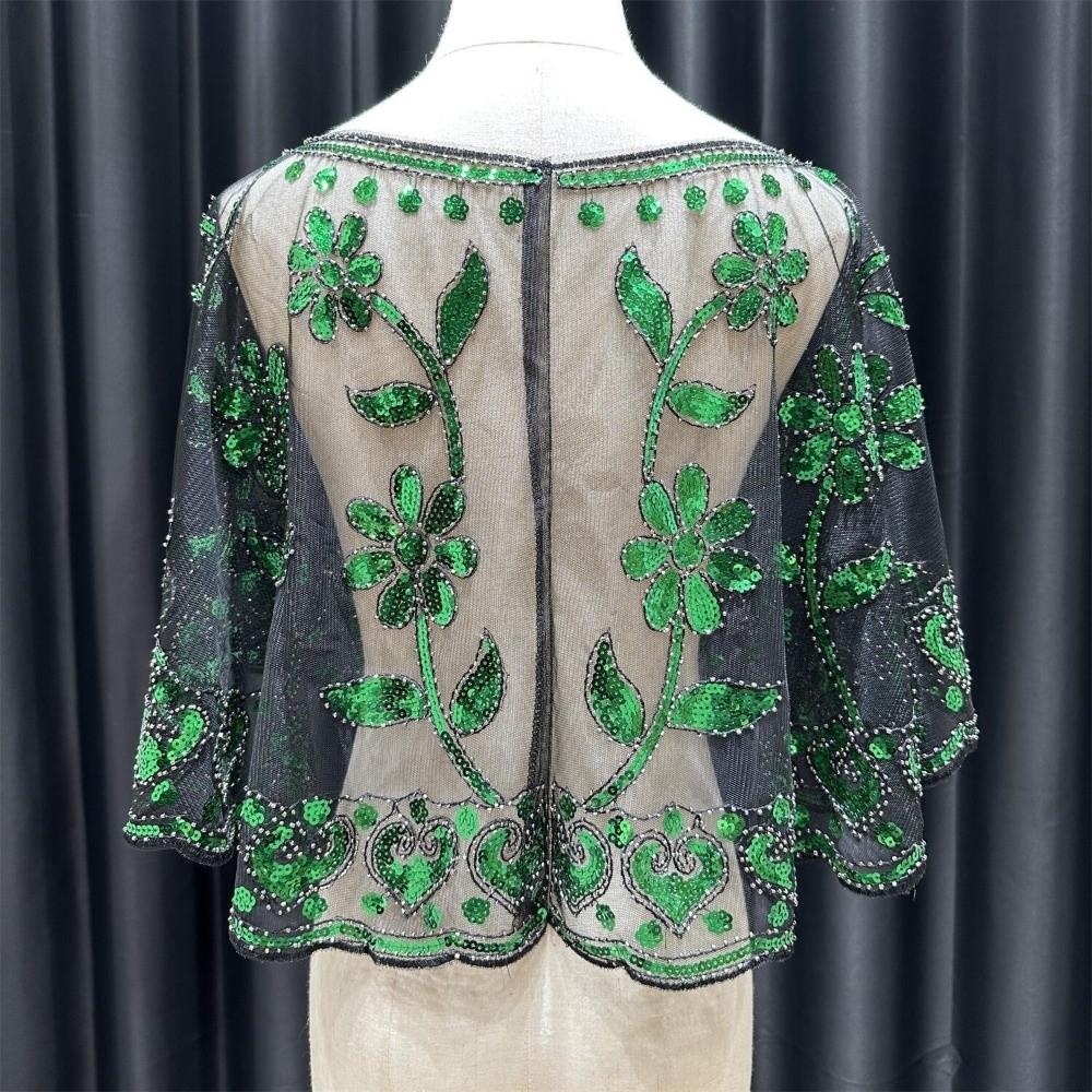 Women'S Fashion In The 1920S - 新しい 1920 年代のショルダーショールスパークリングフローラルスパンコールカウルネックコート通気性のある生地ショート丈フラッパーショール女性用