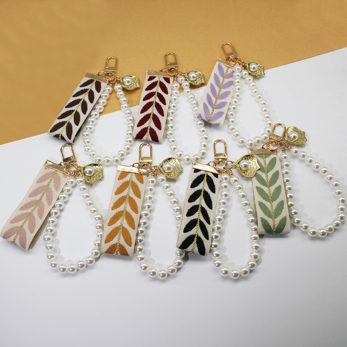 Women'S Ysl Fashion - 新鮮な生地の葉模様のリボンキーホルダー、女性用、かわいいバッグチャームキーリングアクセサリー、毎日のパーティーギフト、イブニングウェディング用