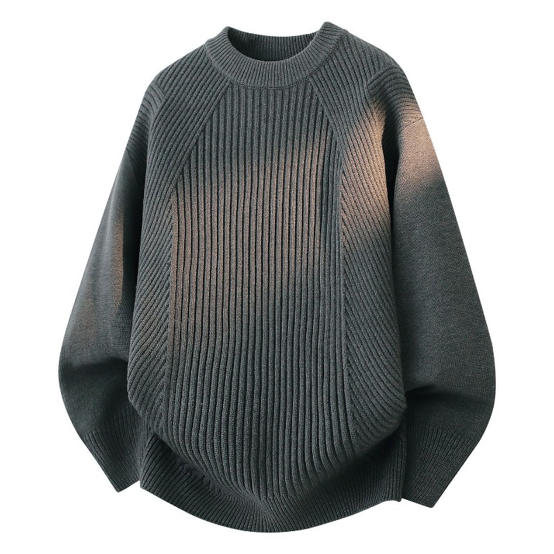 Ribbed Knit Sweater - レディース クルーネック 斜めリブニット ルーズ ロングスリーブ セーター