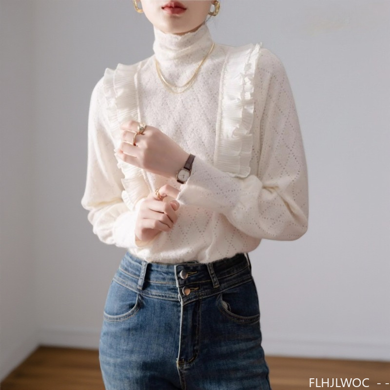 Women'S Fashion Designer Clothes - フランスデザインタートルネックトップスブラウス新年 2026 春冬ベーシックシャツ長袖フリルトップシック韓国ファッション服