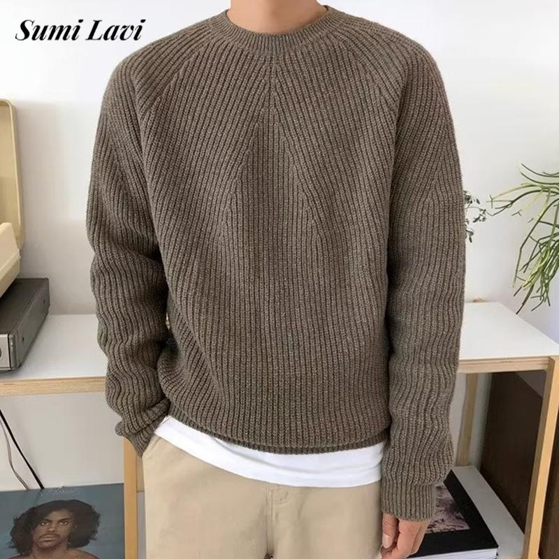 Ribbed Knit Sweater - ストリートファッションメンズニットセーター春秋カジュアル無地長袖ジャンパートップス男性のためのスタイリッシュな質感のセーター