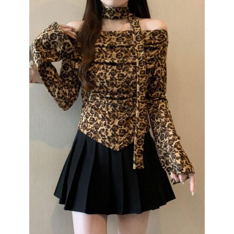 Women'S Fashion Designer Clothes - ヒョウ柄半袖オフショルダーリボンデザインレトロ女性用夏通勤アウトドアショッピングタイムトレンディな服新しい