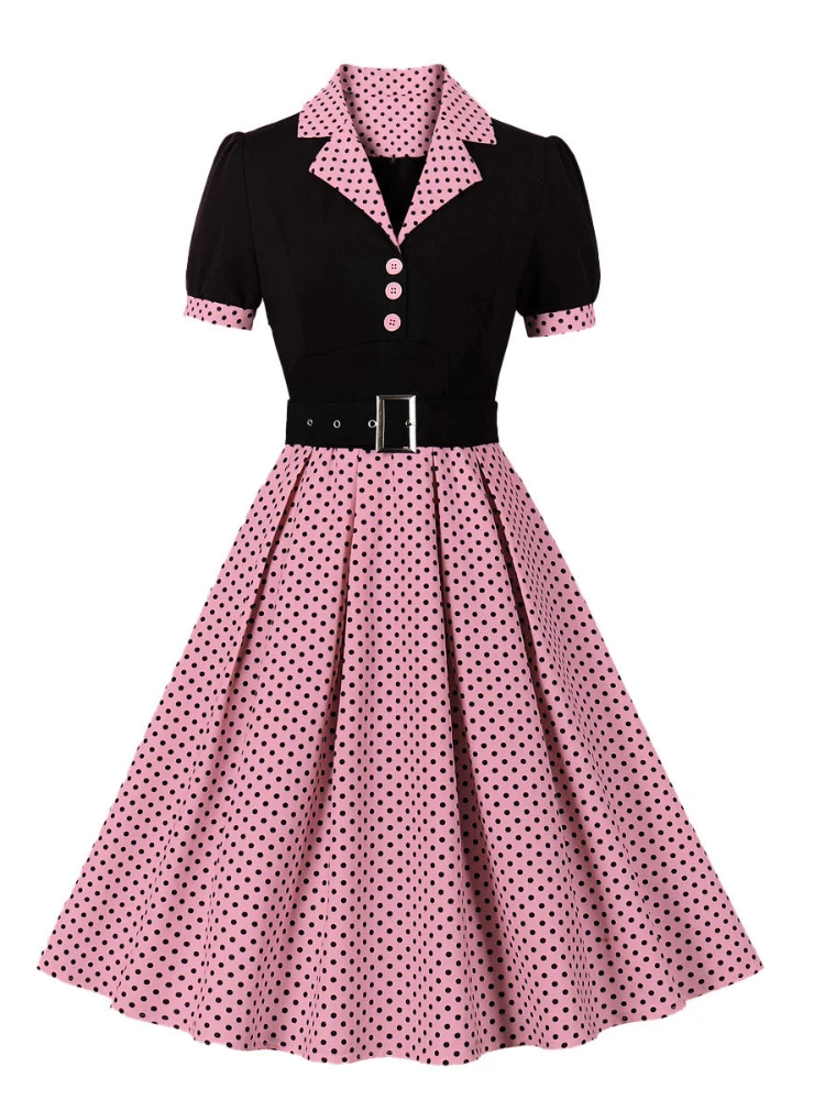 Women'S Fashion From The 60S - 女性のためのヴィンテージポルカドットプリーツドレス、レトロノッチカラー、エレガントな半袖、ベルギー、1950s、60s、夏のファッション、新しい、2024