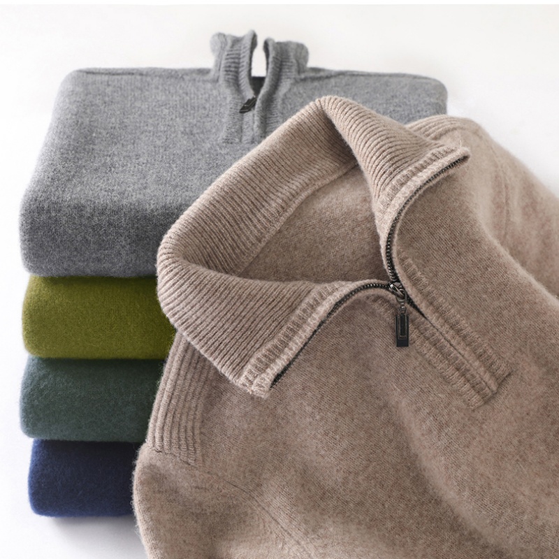 Ribbed Knit Sweater - 秋/冬の新作メンズ 100% ピュアウールセータービジネスカジュアルハーフジップラペルプルオーバー厚く暖かいニット長袖ジャンパー