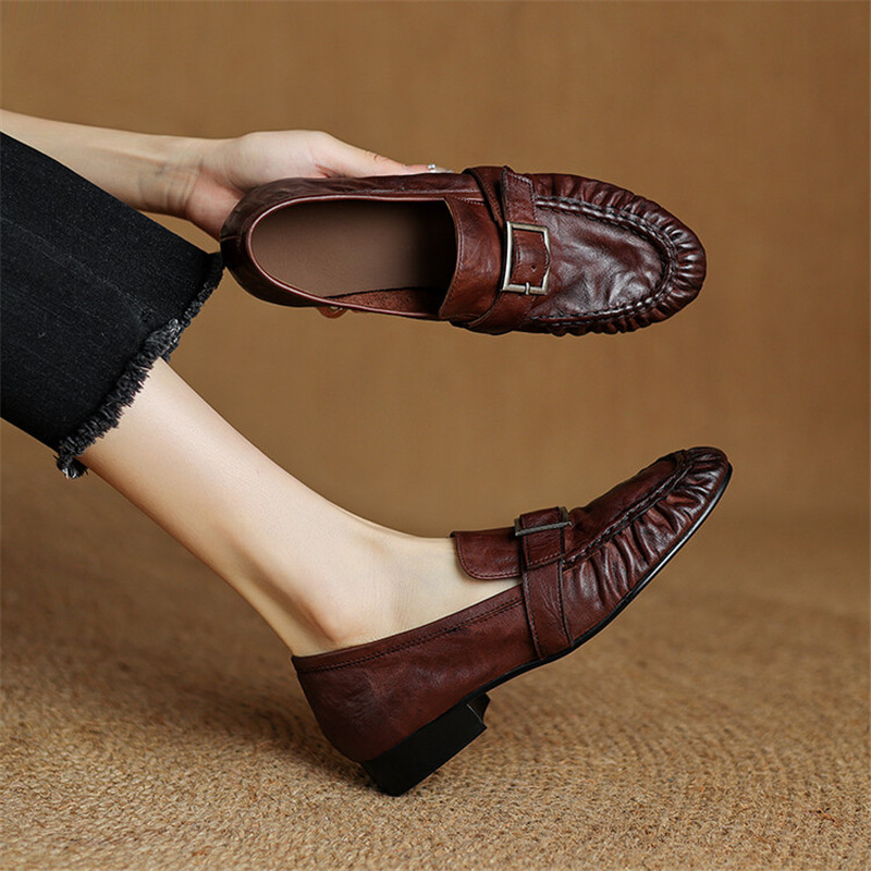 Women'S Fashion Footwear - 女性用本革モカシン,丸いつま先の靴,プリーツパンプス,厚手のヒール,ファッション,秋,新品