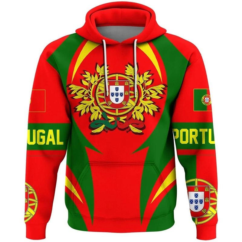 Women'S Fashion Portugal - ドローストリング付きメンズプライドパーカー、ポルトガル国旗プリント、国章、プルオーバーコート、赤をテーマにしたグラフィック、春のファッションパーカー