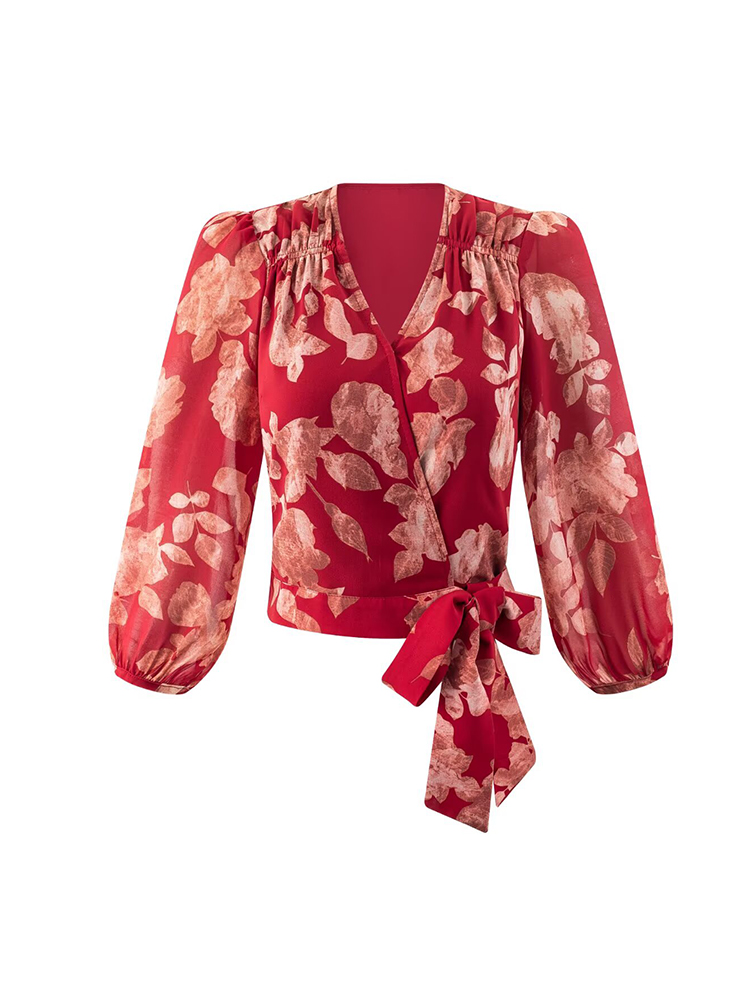 Wrap Blouse Chiffon - 女性用 Vネック ラップ バンテージ ブラウス 花柄プリント