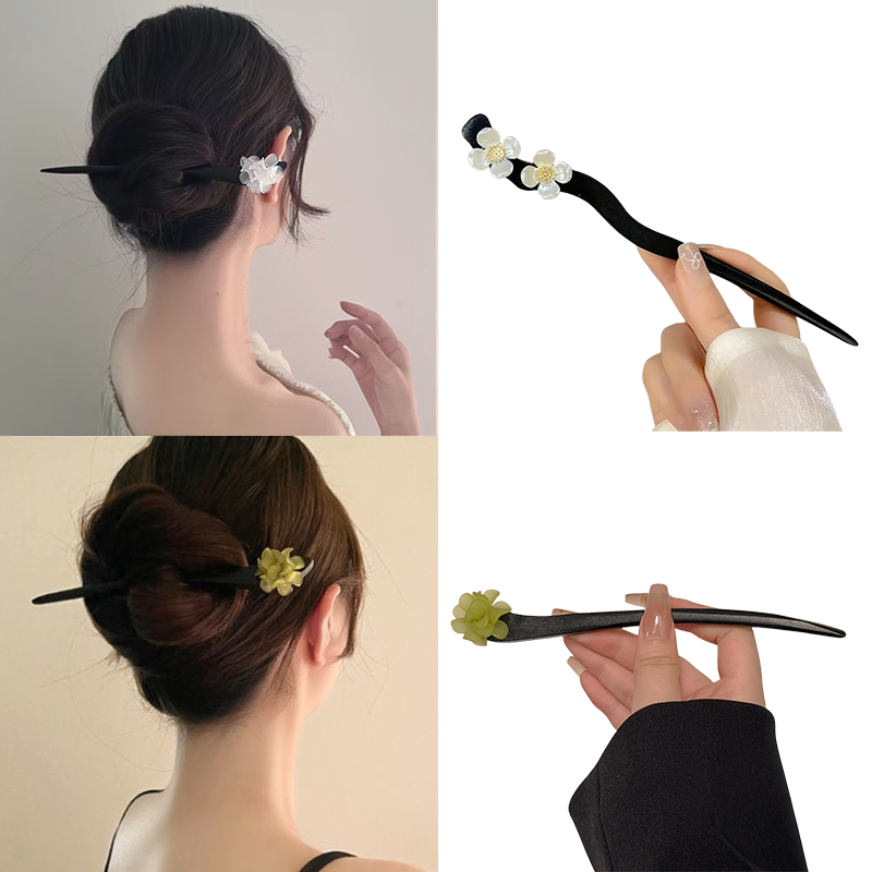 Women Fashion Hair Style - ヴィンテージ中国風の木製花ヘアスティックパールヘアピンジュエリー女性のための気質ヘアアクセサリーウェディングスタイリング gif