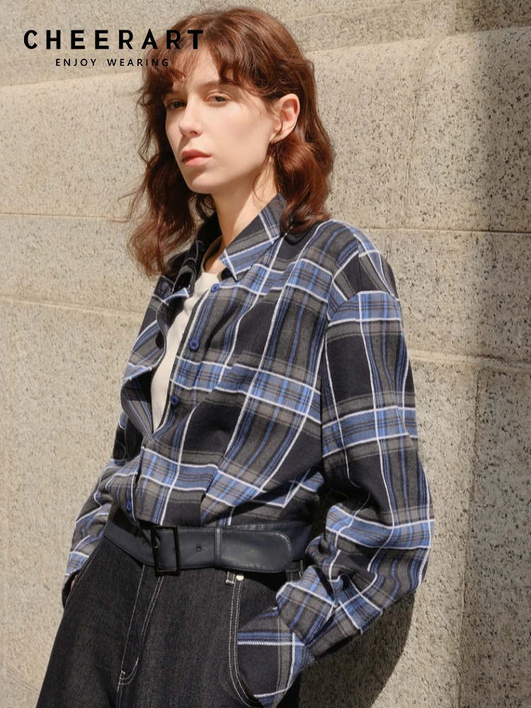 Women'S Fashion Designer Clothes - CHEERART デザイナー格子柄ブルー長袖シャツ女性のためのボタンアップクロップドシャツ 2025 秋のファッショントップス秋服