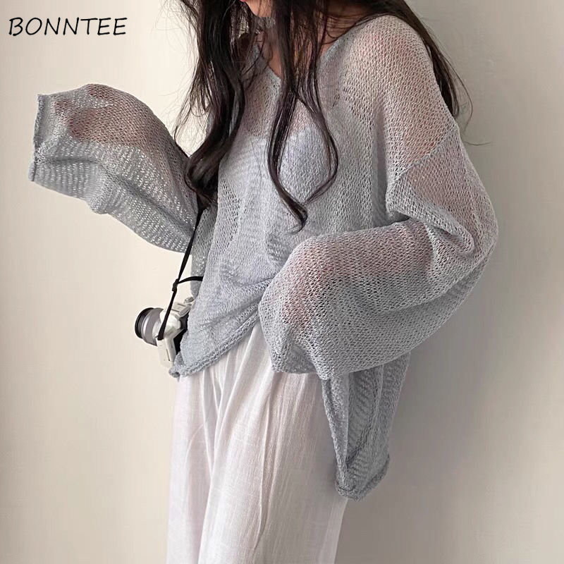Women'S Fashion Designer Clothes - 女性のためのニットと中空の日焼け止めセーター,非常にシックなヨーロッパスタイルのストリートウェア,ラウンドネック,バギー,サマーデザイン