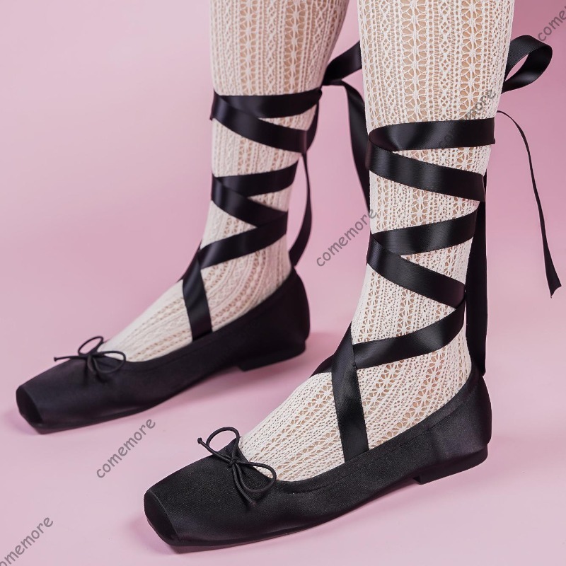Women'S Fashion Footwear - レディースサテンリボンタイバレエシューズスクエアトゥアンクルラップレースアップシューズロリータシューズレディースソフトソールボウファッションフットウェア