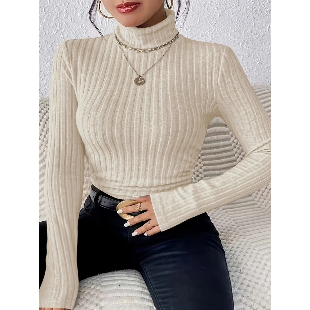 Ribbed Knit Sweater - プラスサイズ 1XL-5XL 女性のスリムフィットリブニットタートルネックニットセーター長袖ライトグレーエレガントな多用途プルオーバートップ