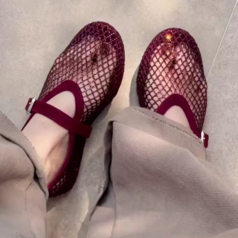Women'S Fashion Footwear - 中空ラインストーンバオトウサンダル レディース 2026年新作 フィッシングネット通気性織りメリージェーンシングルシューズ