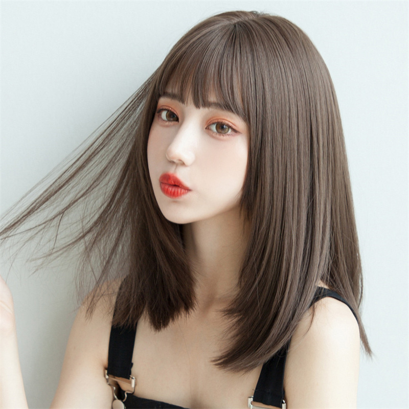 Women'S Young Fashion - 韓国スタイルのヘアエクステンション合成ファッション若い女性のかつら通気性ヘッドカバーミディアムレングスストレートウィッグ帽子女性のための