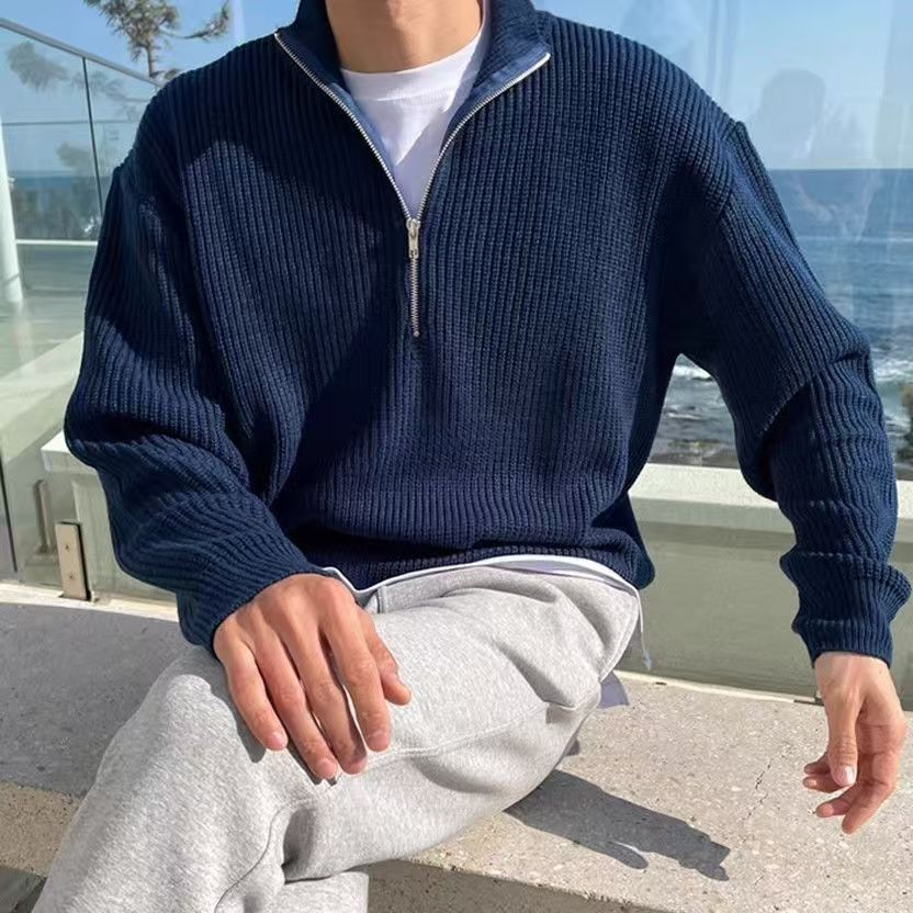 Ribbed Knit Sweater - 秋と冬のメンズニットジャケット韓国スタイルの新しいハーフジップセーターカジュアルミニマリストソリッドカラーアウターウェア