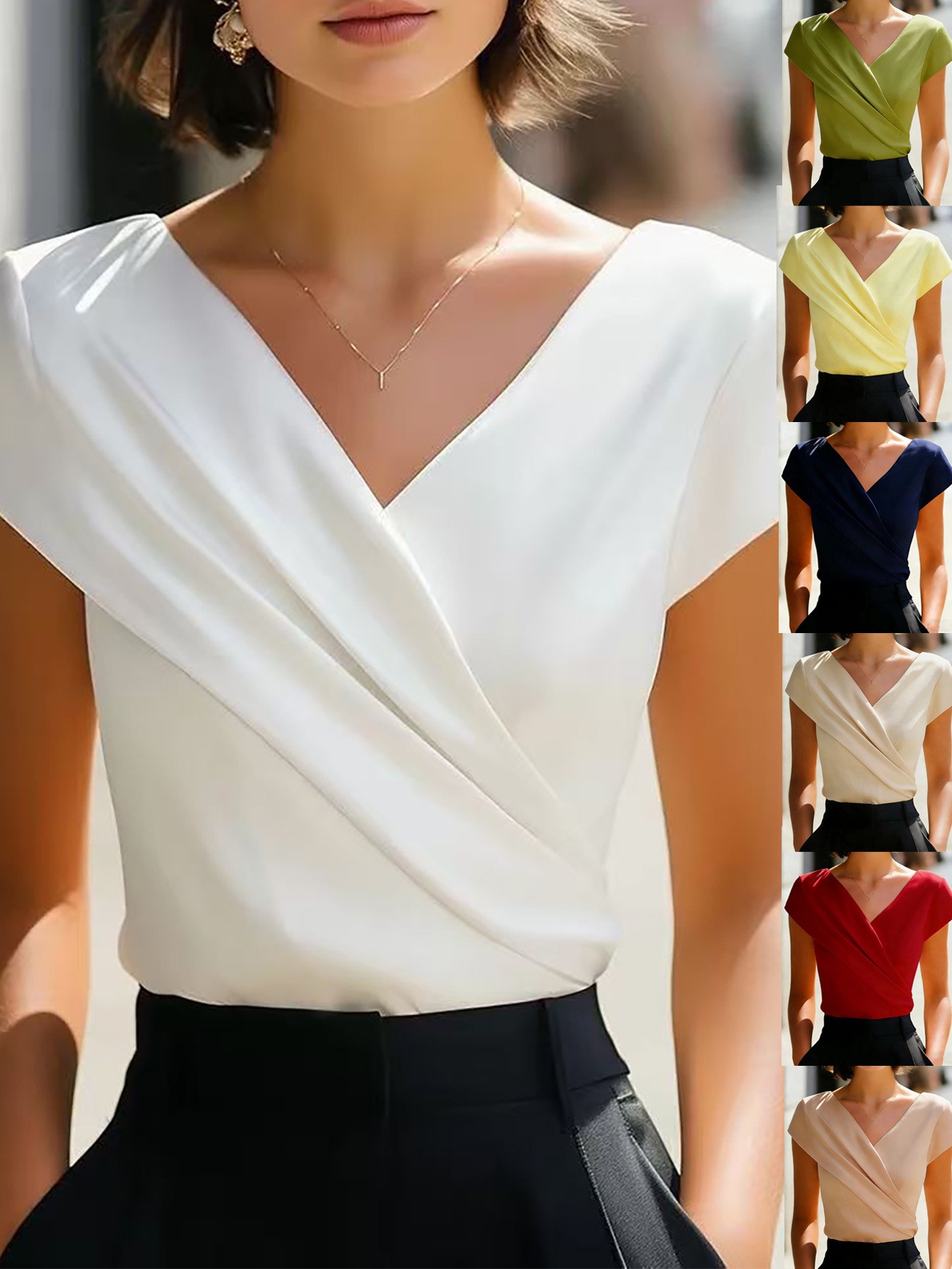 Wrap Blouse Chiffon - 夏のレディースブラウス、無地の白いラッフルブラウス、キャップスリーブシフォンブラウス、ラップフロントドレープボディス、Vネックトップ、女性用