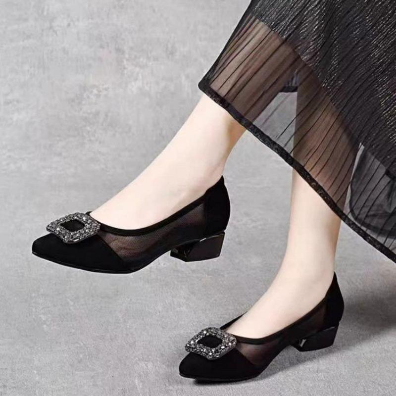Women'S Fashion Footwear - エレガントなポインテッドトゥメッシュブロックヒールパンプス、ラインストーンスクエアバックル装飾の浅履きシューズ、通気性のある女性用オフィスシューズ