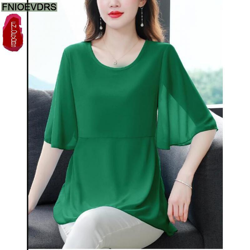 Wrap Blouse Chiffon - 女性用シルクシフォンチュニック,半袖,ルーズフィット,フリル付き,エレガント,カジュアル,フローラルニット,夏,コレクションM-4XL