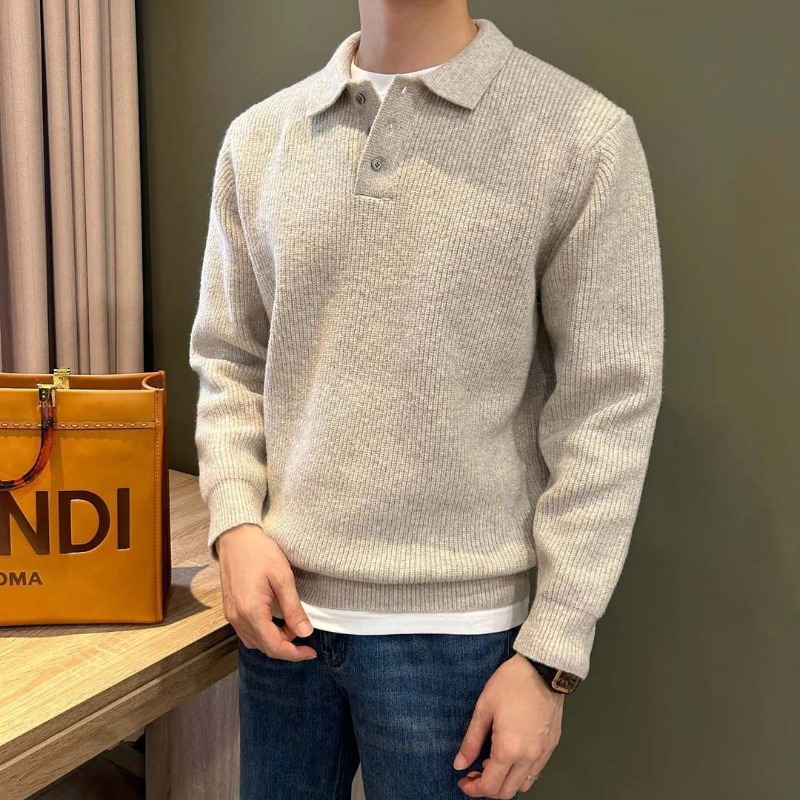 Ribbed Knit Sweater - メンズラペルカラーシングルボタンリブカフス長袖ソリッドニットポロセーター