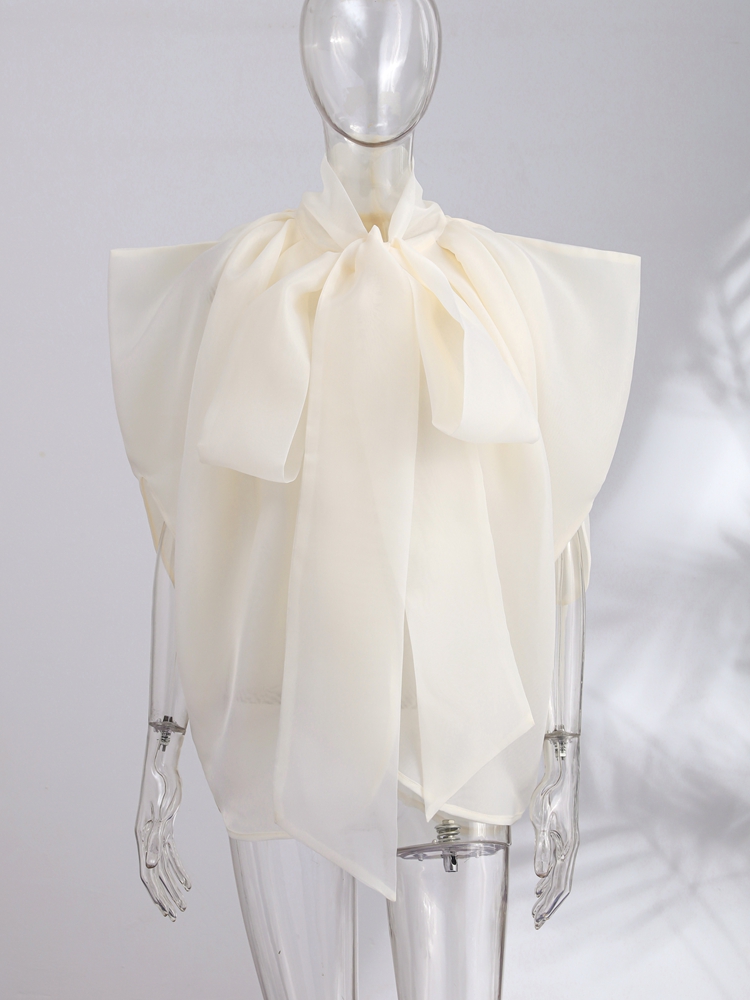 ファッション女性トップスノースリーブボウハイカラーチュニック - Wrap Blouse Chiffon のレビューと価格