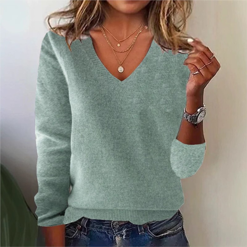 女性の V ネック セーター エレガントな長袖リブ トリム  - Ribbed Knit Sweater のレビューと価格