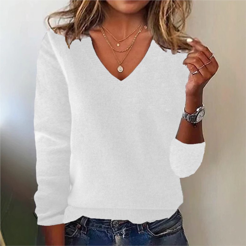 女性の V ネック セーター エレガントな長袖リブ トリム  - Ribbed Knit Sweater のレビューと価格