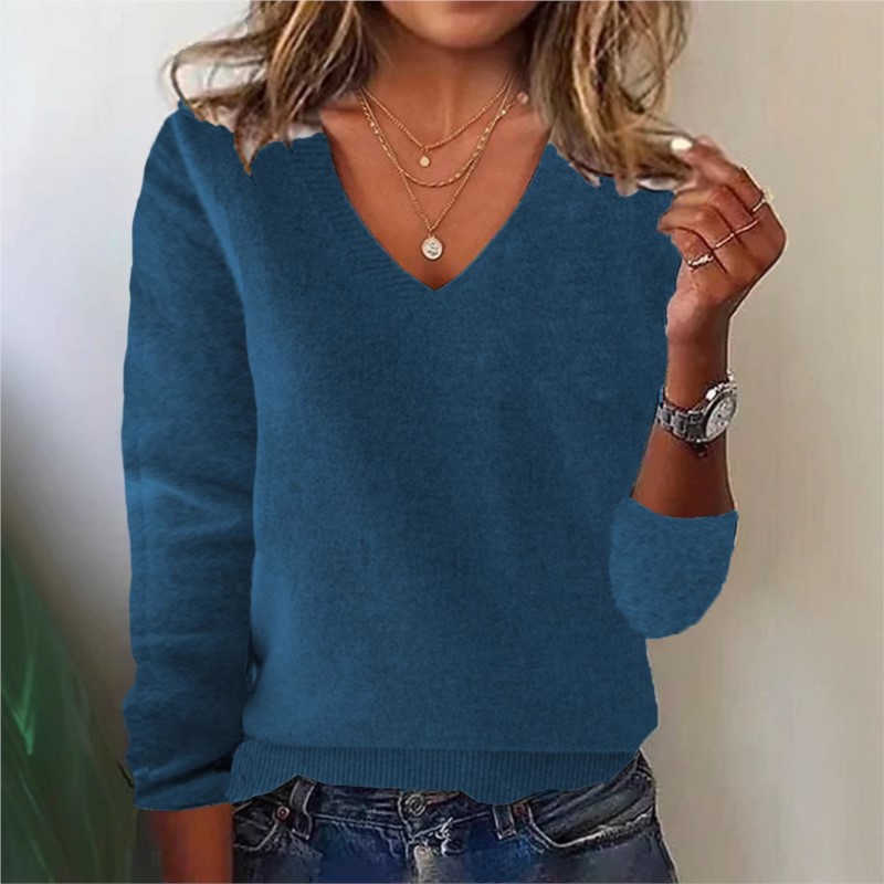 女性の V ネック セーター エレガントな長袖リブ トリム  - Ribbed Knit Sweater のレビューと価格