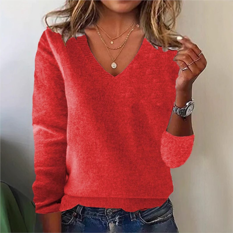 女性の V ネック セーター エレガントな長袖リブ トリム  - Ribbed Knit Sweater のレビューと価格