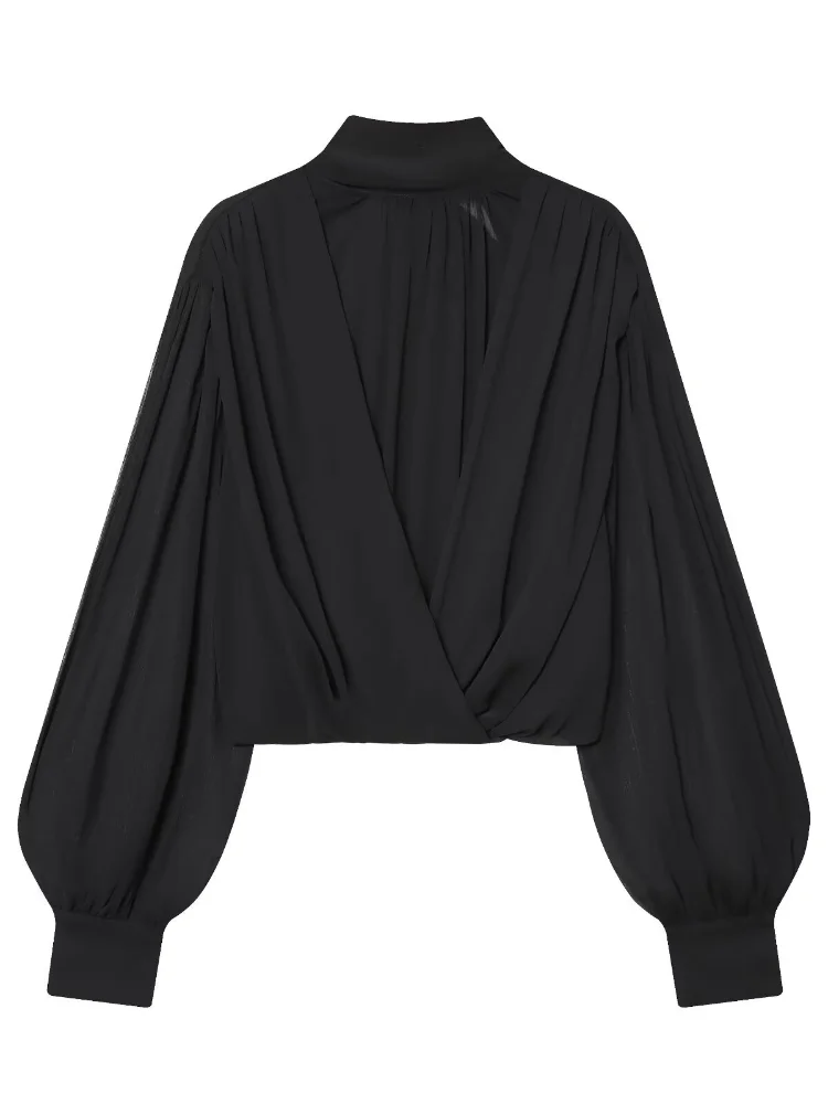 黒のシースルーシフォンブラウス レディース エレガント ハイ - Wrap Blouse Chiffon のレビューと価格