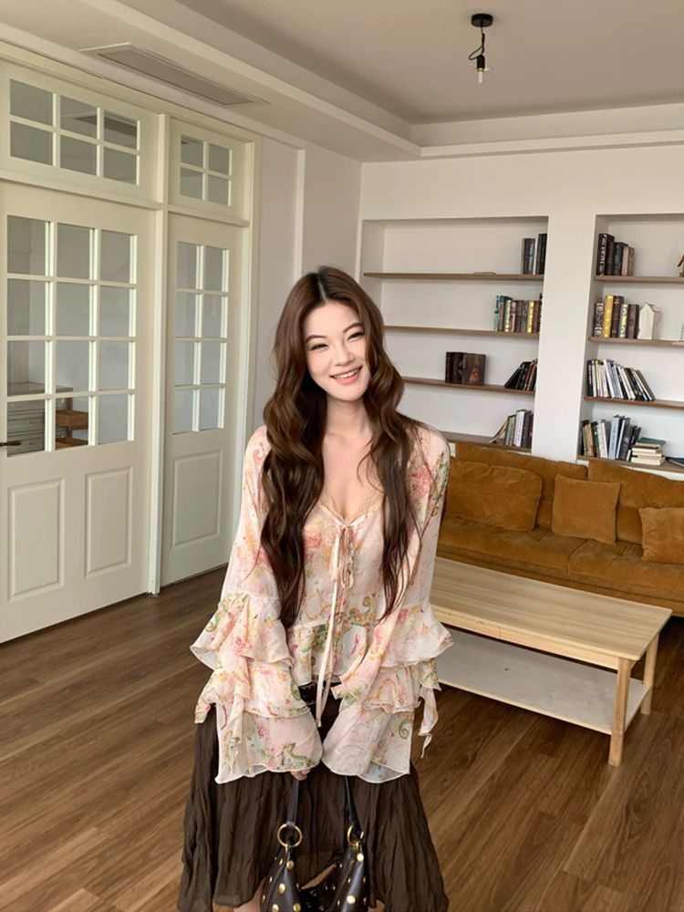 2026年ボヘミアンペイズリープリントシフォンブラウス、女性 - Wrap Blouse Chiffon のレビューと価格