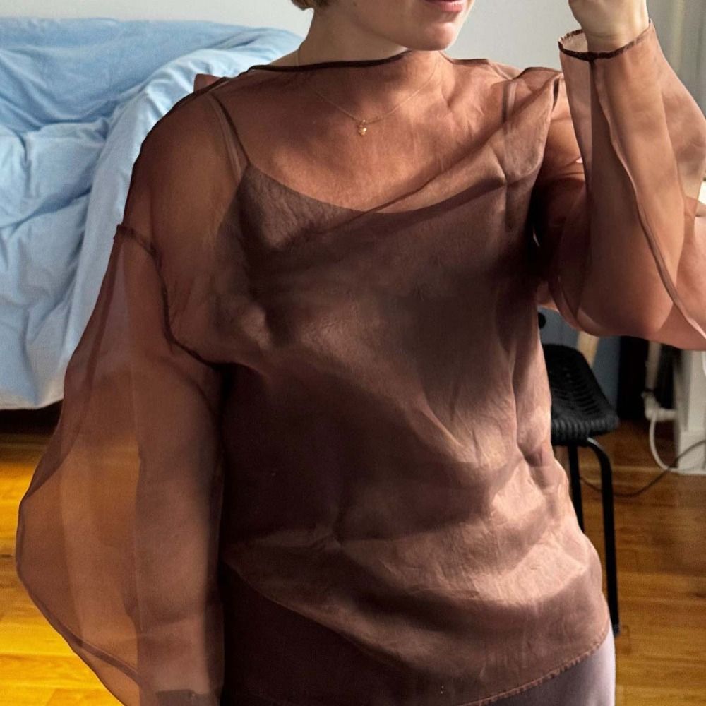 エレガントな長袖メッシュブラウス、ハーフハイカラー、Oネック - Wrap Blouse Chiffon のレビューと価格
