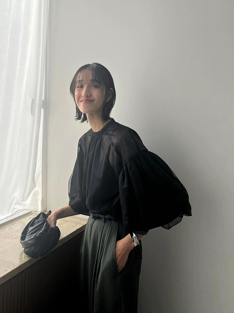 女性のレトロなトレンディなオーガンザのシャツと小さなサスペン - Wrap Blouse Chiffon のレビューと価格