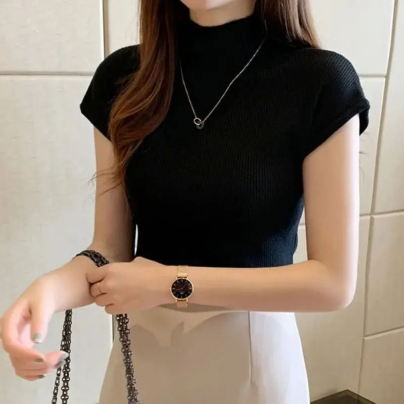 ノースリーブモックネックニットトップ女性用ストレッチリブニッ - Ribbed Knit Sweater のレビューと価格
