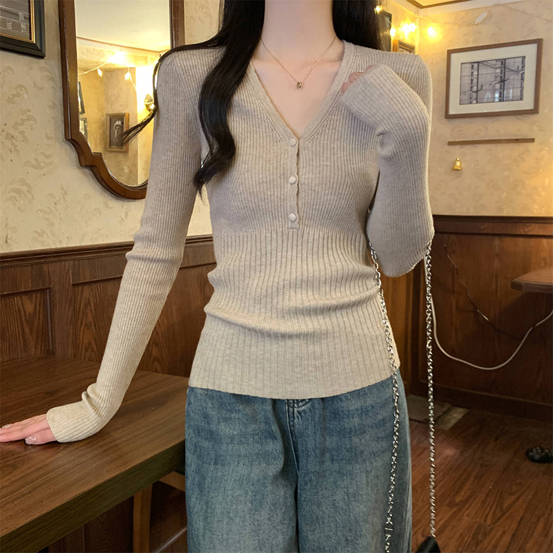 ストレッチスリムフィット V ネックニットセーター女性春秋セ - Ribbed Knit Sweater のレビューと価格