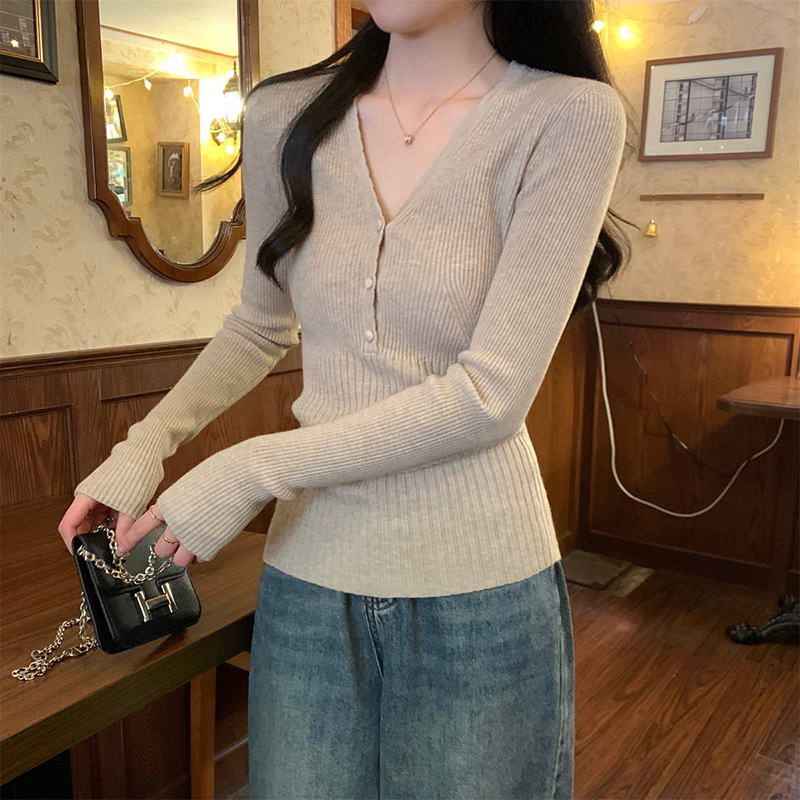 ストレッチスリムフィット V ネックニットセーター女性春秋セ - Ribbed Knit Sweater のレビューと価格
