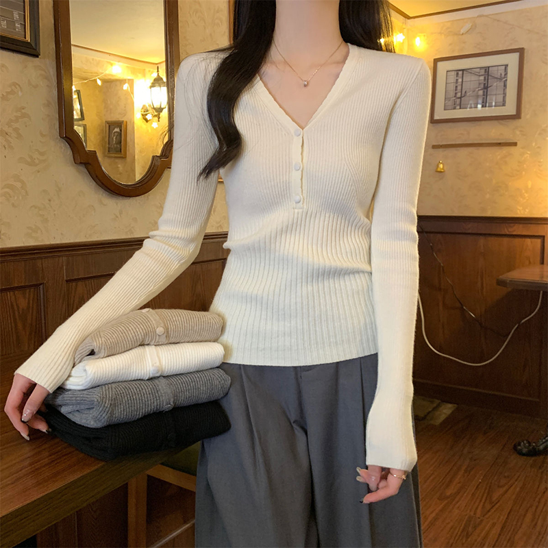 ストレッチスリムフィット V ネックニットセーター女性春秋セ - Ribbed Knit Sweater のレビューと価格