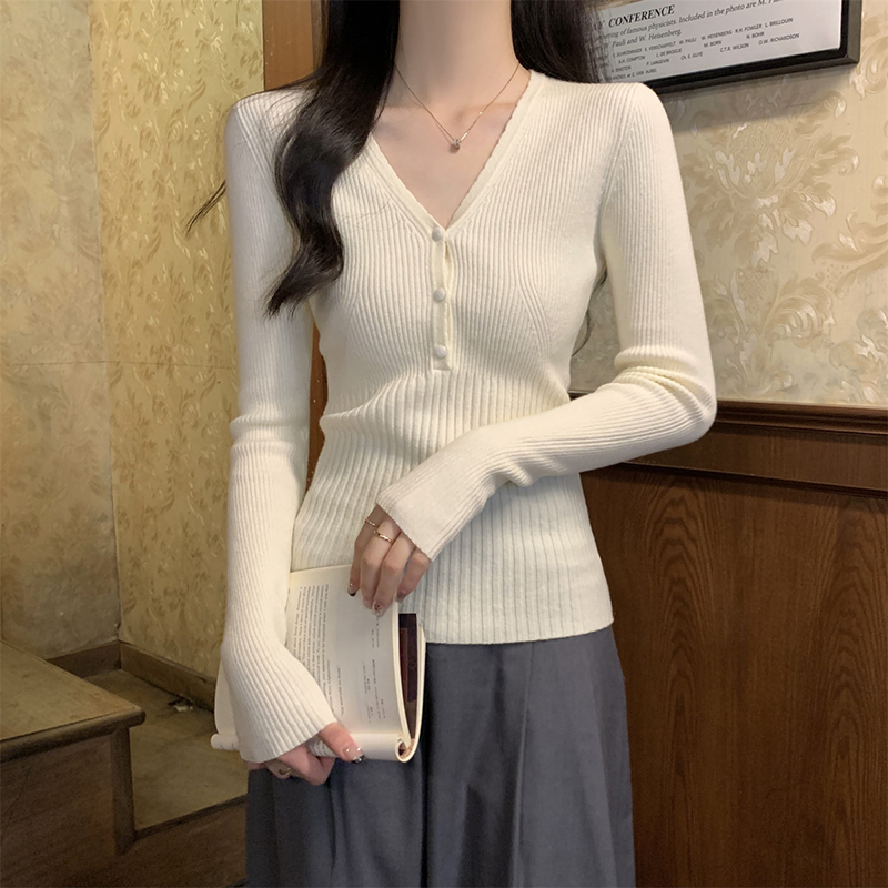 ストレッチスリムフィット V ネックニットセーター女性春秋セ - Ribbed Knit Sweater のレビューと価格