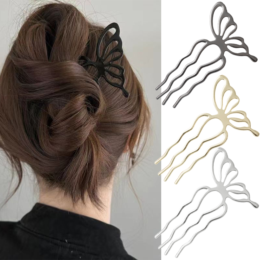 韓国蝶 U 字型ヘアスティックおだんごヘアコームクリップ金属 - Women Fashion Hair Style のレビューと価格