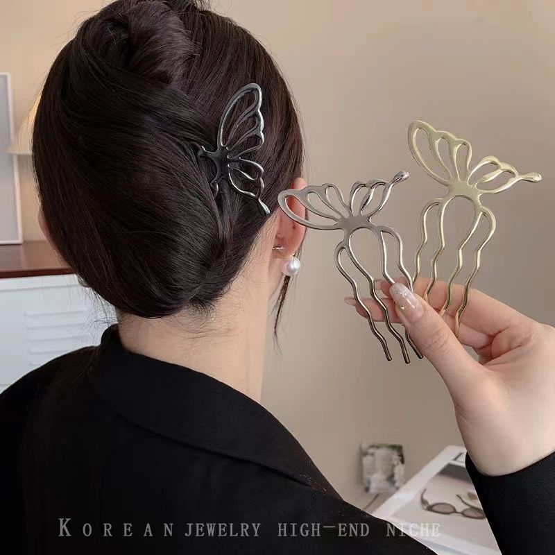 韓国蝶 U 字型ヘアスティックおだんごヘアコームクリップ金属 - Women Fashion Hair Style のレビューと価格