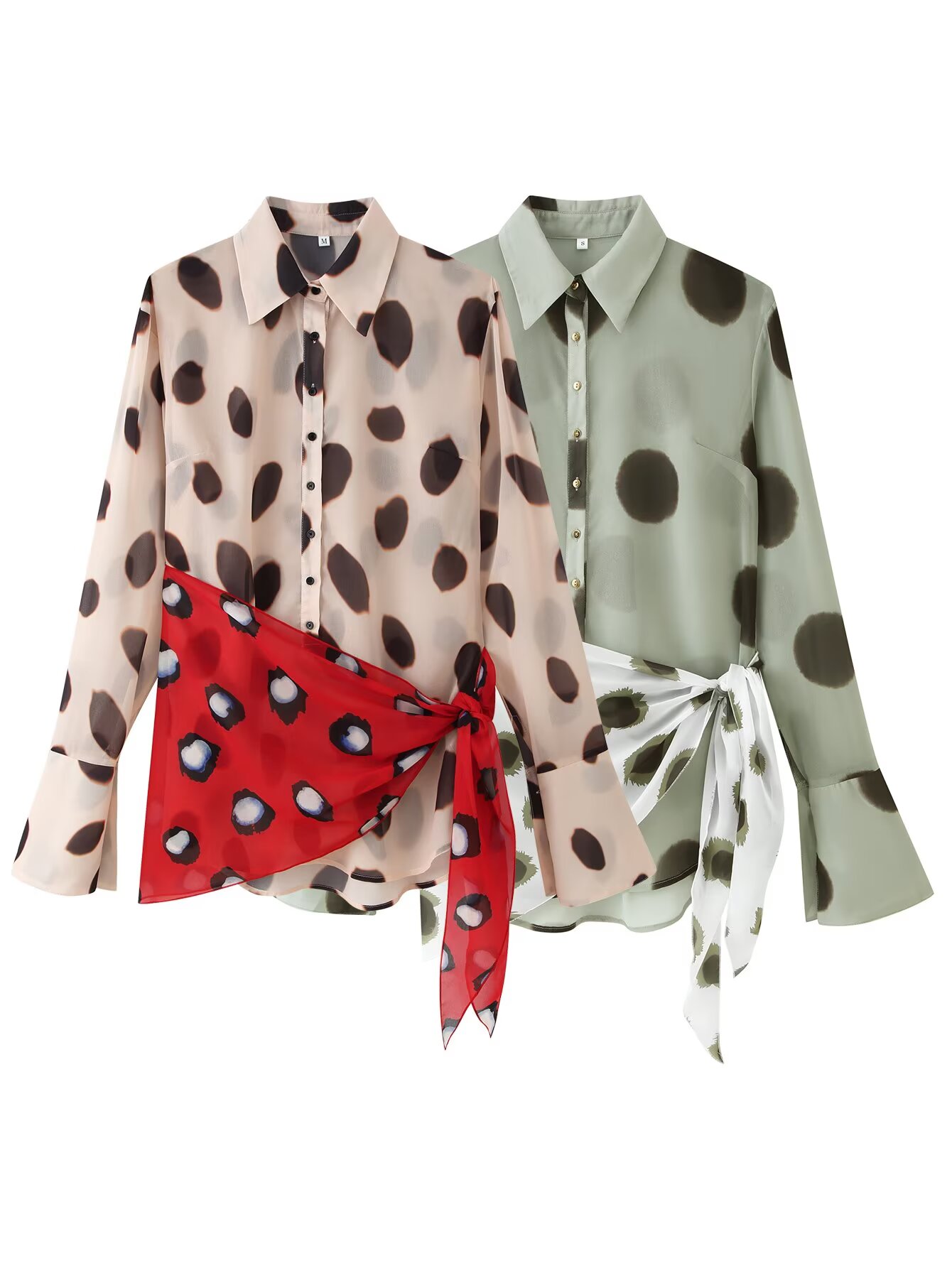 女性長袖ドットプリントロングシャツコントラストシフォンサッシ - Wrap Blouse Chiffon のレビューと価格