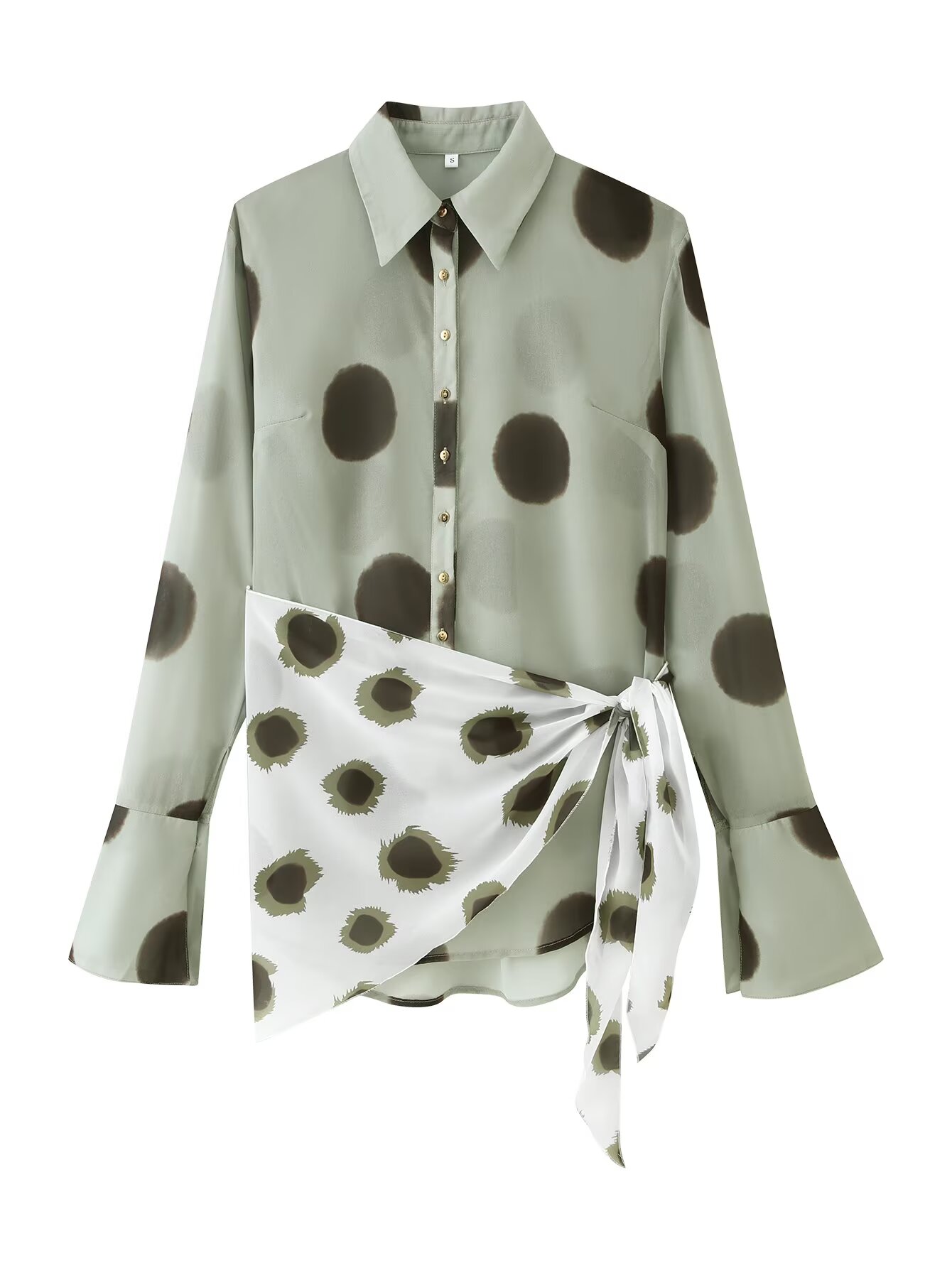 女性長袖ドットプリントロングシャツコントラストシフォンサッシ - Wrap Blouse Chiffon のレビューと価格