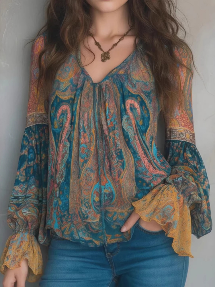 エスニック女性ヴィンテージボヘミアントップスフリル長袖 V  - Wrap Blouse Chiffon のレビューと価格